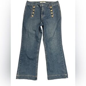 Classic Blue Flare Jeans with Gold Button Detail